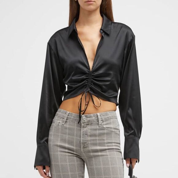 NWT FRAME Cinch Front Long Sleeve Top Black Silk Large Revolve - Picture 13 of 16